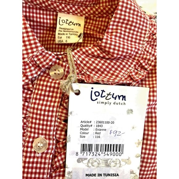 Jottum NWT Red Gingham Girls 6 Top Dutch Euro Retail $92 Button Front Ruffle - Picture 4 of 9